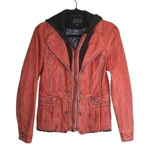 MontanaCo Women's Orange Faux Leather Full Zip Jacket With Knit Hoodie Size M